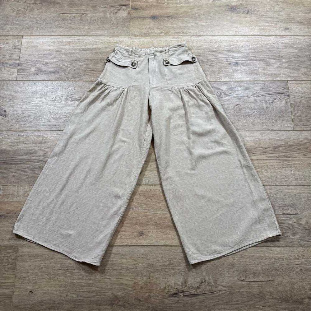 Bohme Tan Linen Blend Wide Leg Culotte Pants Womens Small Boho Pockets - Picture 2 of 11
